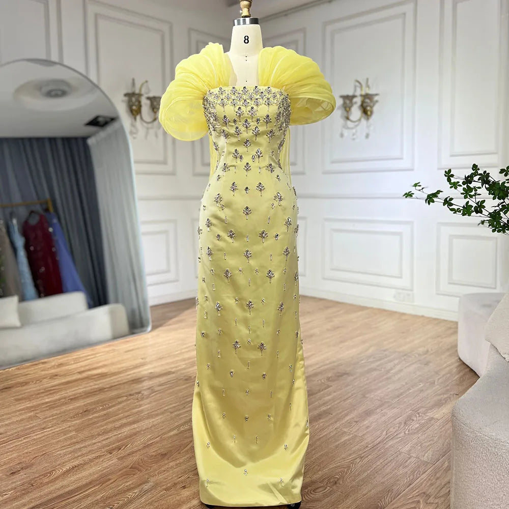Luxury Dubai  Elegant Yellow Saudi Arabic Ankle Length Evening Gown Beaded Dress for Formal Occasion LA72756