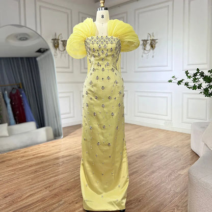 Luxury Dubai  Elegant Yellow Saudi Arabic Ankle Length Evening Gown Beaded Dress for Formal Occasion LA72756