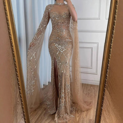 Luxury Nude Beaded Mermaid Evening Dress with Cape LA71747