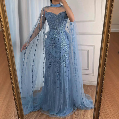 Luxury Blue Sequin Beaded Evening Dress with Cape Sleeves LA73108