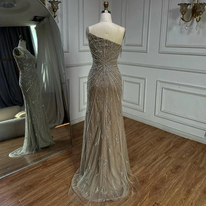 Luxury Caramel One Shoulder Beaded Slit Evening Gown with Tassel Detail LA72926