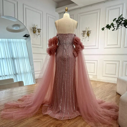 Luxury Pink Beaded Mermaid  Arabic Evening Dress with Cape LA73019