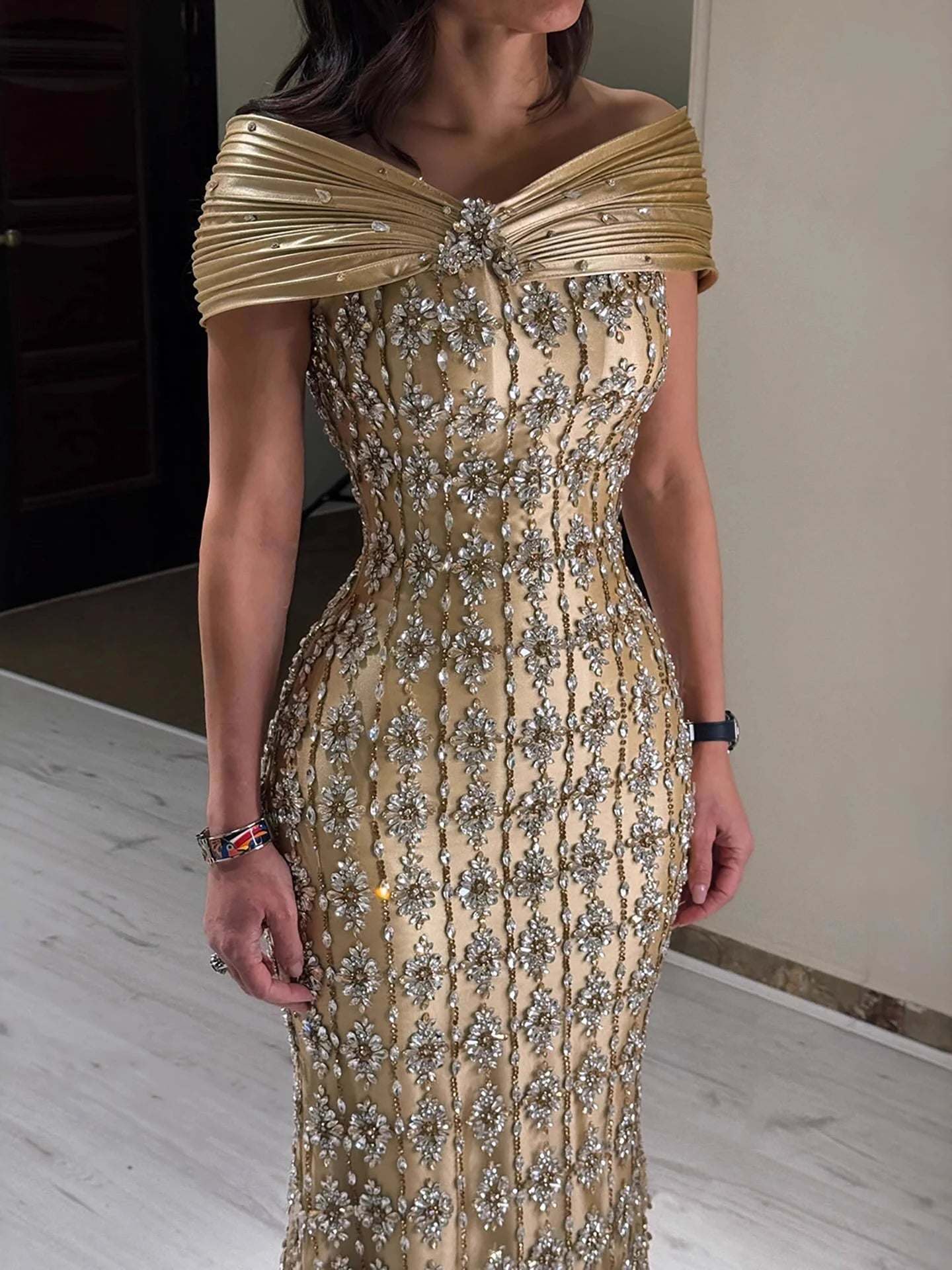 Luxury Gold Arabic Ruffles Evening Dress LA73362