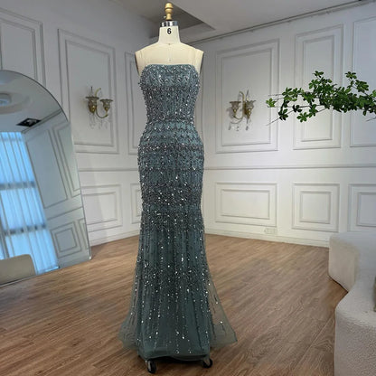 Luxury Turquoise Beaded Evening Dress with Detachable Cape LA72714B