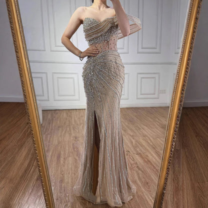Luxury Pink Crystal One Shoulder Beaded Evening Dress Split LA73197