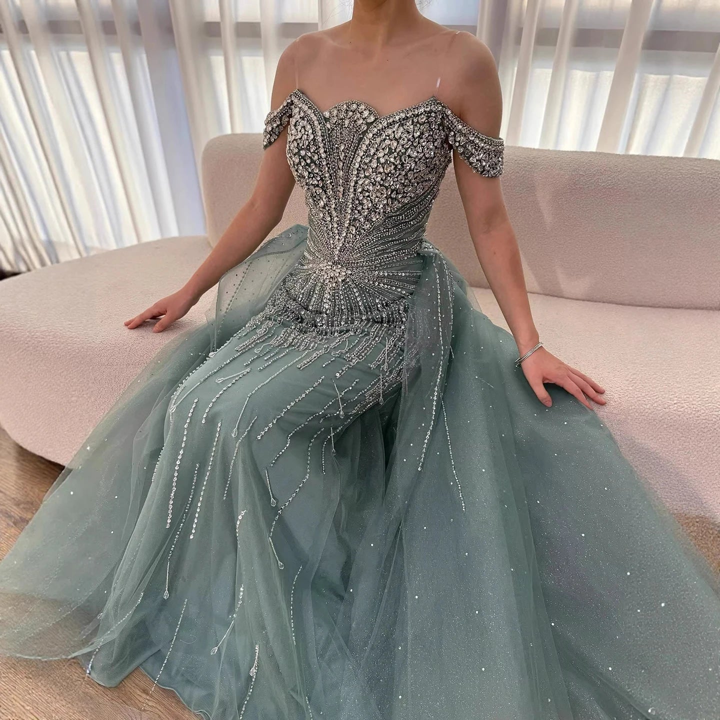 Luxury Beaded Nude Off Shoulder Mermaid Evening Dress LA73392
