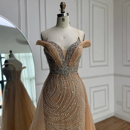 Luxury Nude Mermaid Off Shoulder Beaded Evening Dress with Overskirt LA73131
