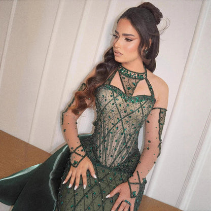 Luxury Green Halter Beaded Dubai Corset Evening Dress LA73322
