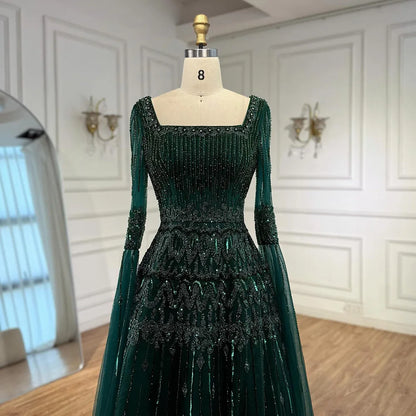 Luxury Green A-LineBeaded  Evening Dress with Cape Sleeves LA73089