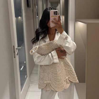 Luxury Nude Pearl Beaded A-Line Mini Evening Dress LA73211