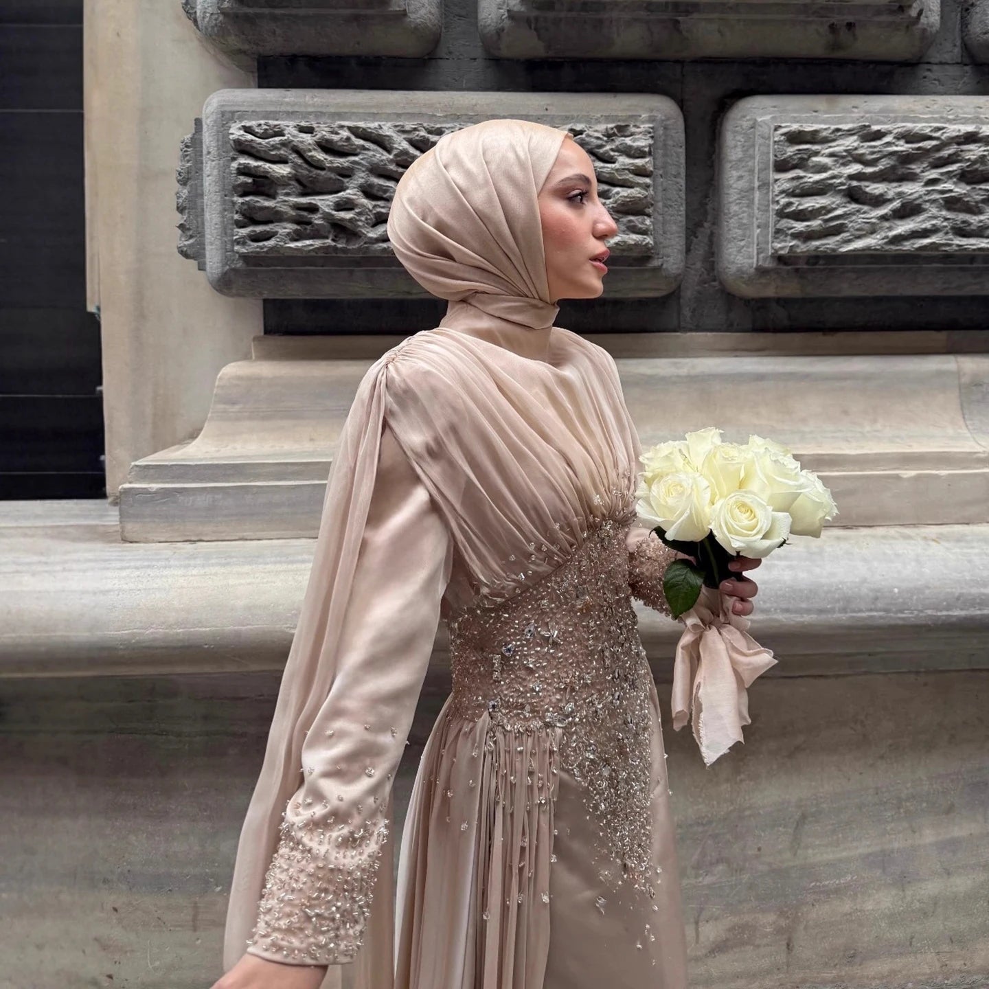 Luxury Caramel Crystal Beaded Mermaid Muslim Evening Dress LA73427