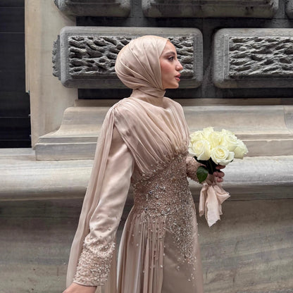 Luxury Caramel Crystal Beaded Mermaid Muslim Evening Dress LA73427