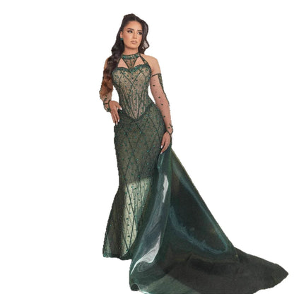Luxury Green Halter Beaded Dubai Corset Evening Dress LA73322
