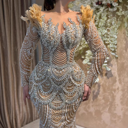 Luxury Nude Beaded Feather Long Sleeve Mermaid Evening Dress LA73348