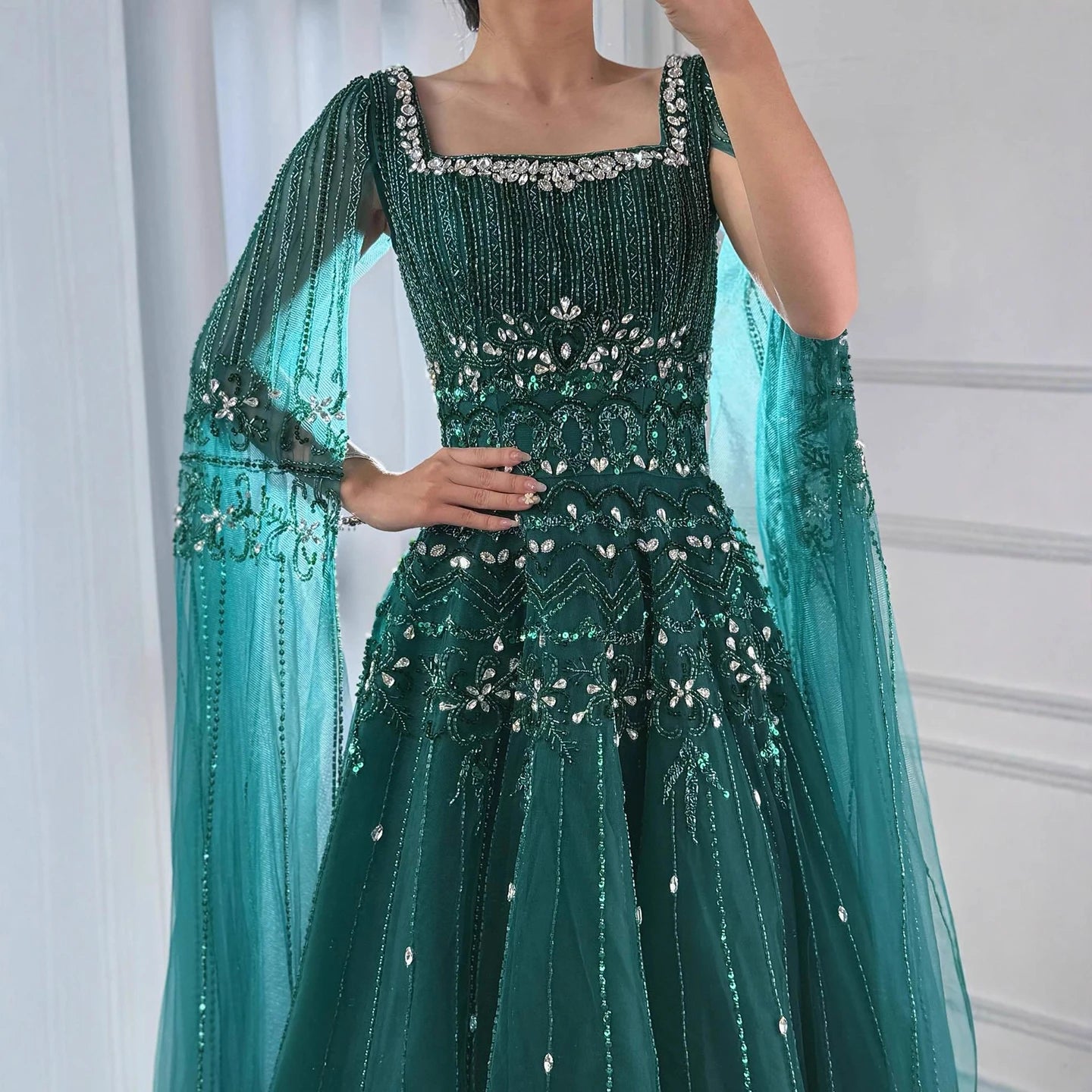 Luxury Caramel A-Line Beaded Evening Dress with Cape Sleeves LA73089A