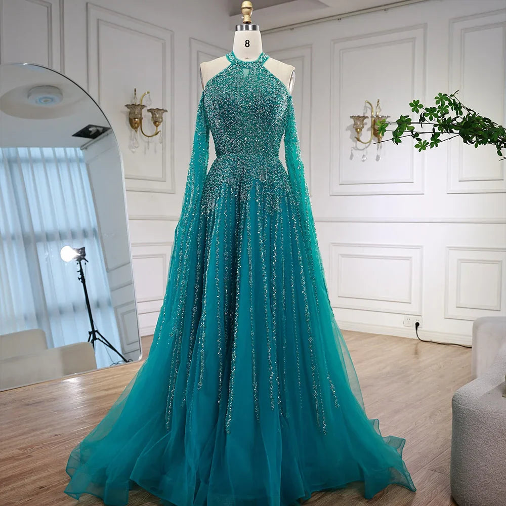 Luxury Turquoise Beaded A Line Evening Dress with Cape Sleeves LA72820