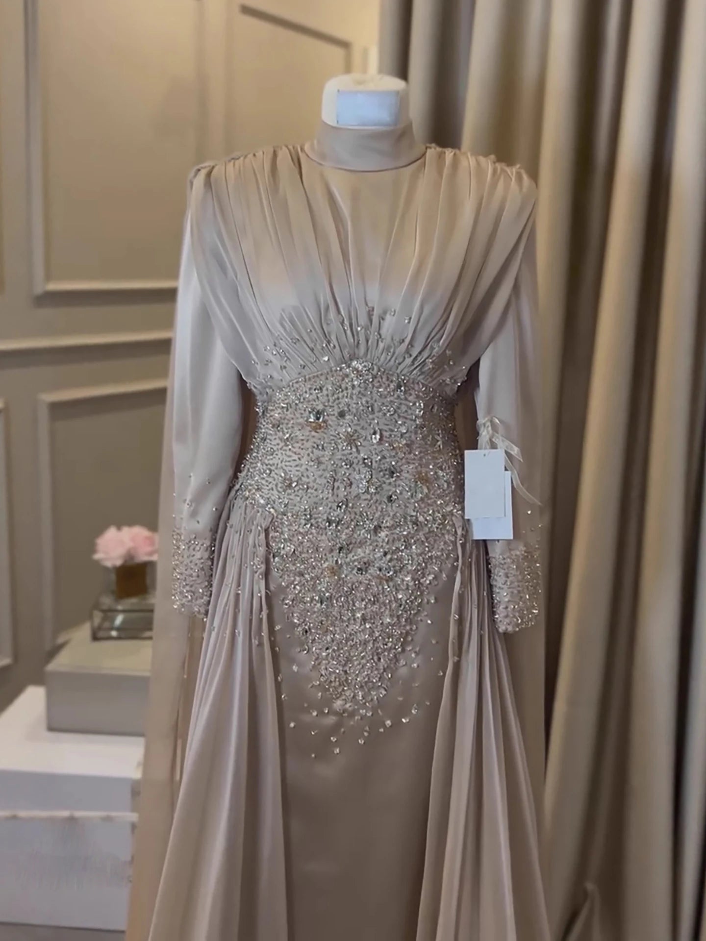 Luxury Caramel Crystal Beaded Mermaid Muslim Evening Dress LA73427