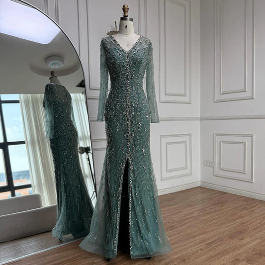 Luxury Turquoise Crystal Beaded Evening Dress Elegant Slit Gown LA73179