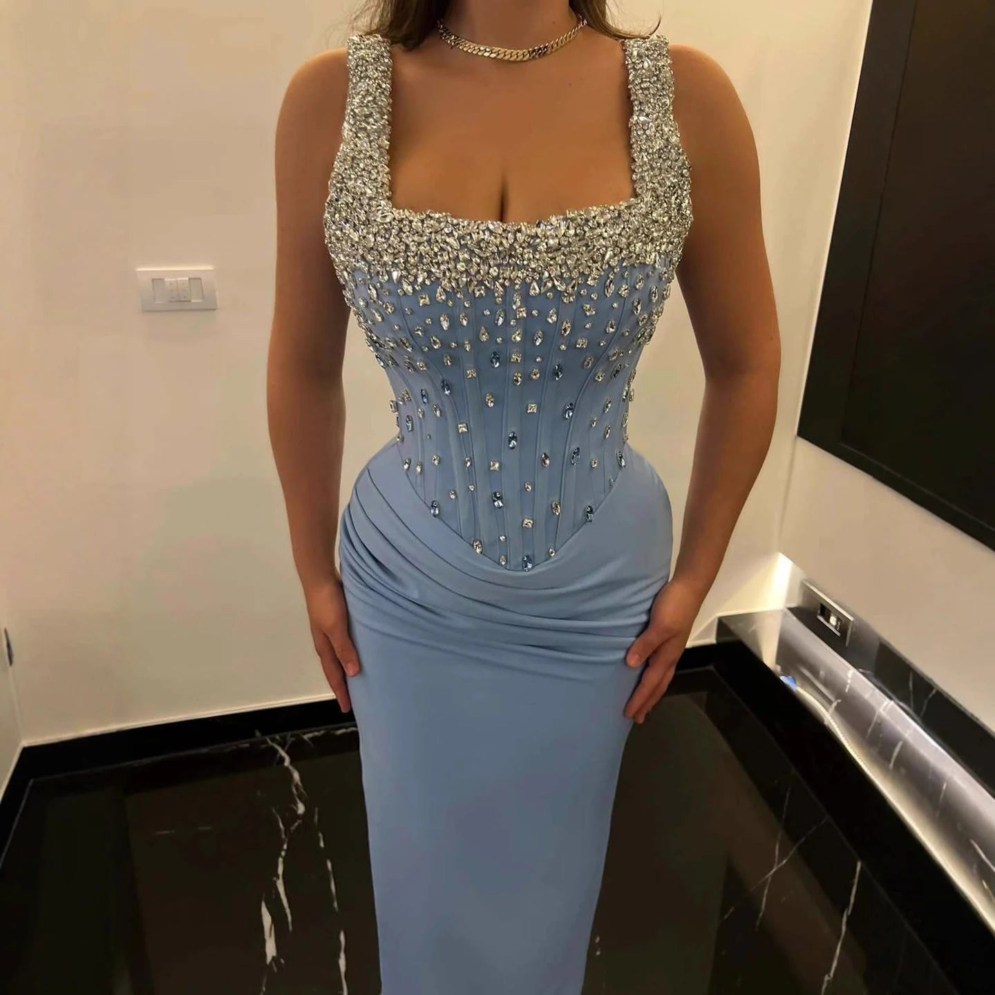 Luxury Blue Crystal Square Neck Corset Mermaid Evening Dress LA72739A