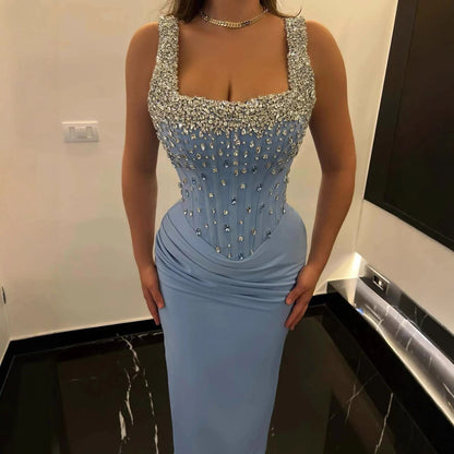 Luxury Blue Crystal Square Neck Corset Mermaid Evening Dress LA72739A