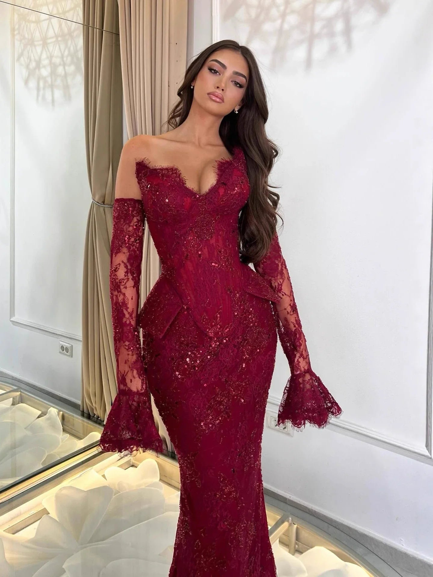 Luxury Wine Red Lace Beaded Mermaid Evening Dress LA73341