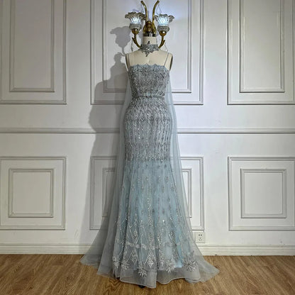 Luxury Nude Beaded Mermaid Evening Dress with Cape LA72711