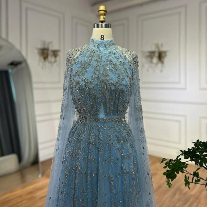 Luxury Blue Beaded A-Line Evening Gown with Cape Sleeves LA71803G