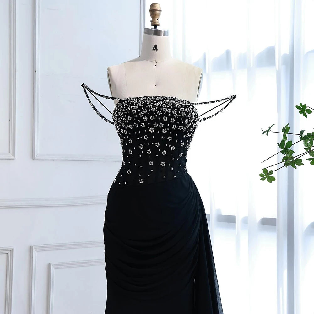 Luxury Black Beaded Mermaid Prom Dress with Spaghetti Straps LA73047
