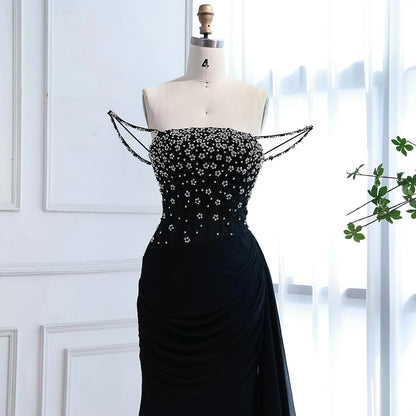 Luxury Black Beaded Mermaid Prom Dress with Spaghetti Straps LA73047