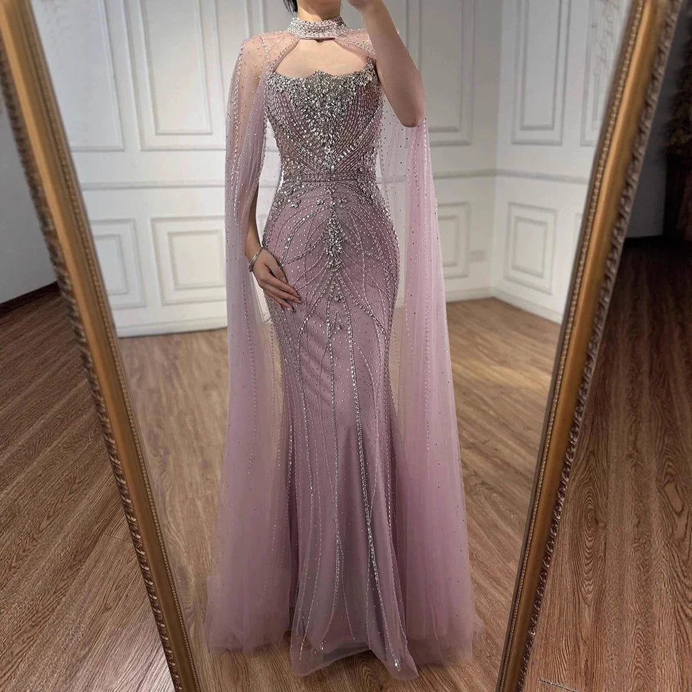 Luxury Dubai Nude Mermaid Evening Dress with Cape Sleeves LA73195