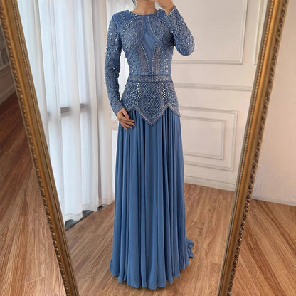 Luxury Designer  Blue Beaded Evening Dress with Long Sleeves LA72962