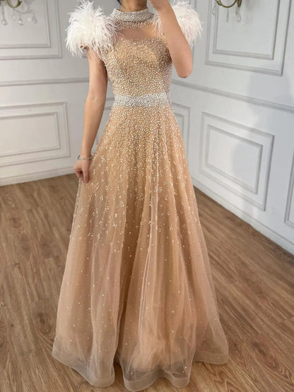Luxury Nude Feather High Neck A-Line Beaded Evening Dress LA73420
