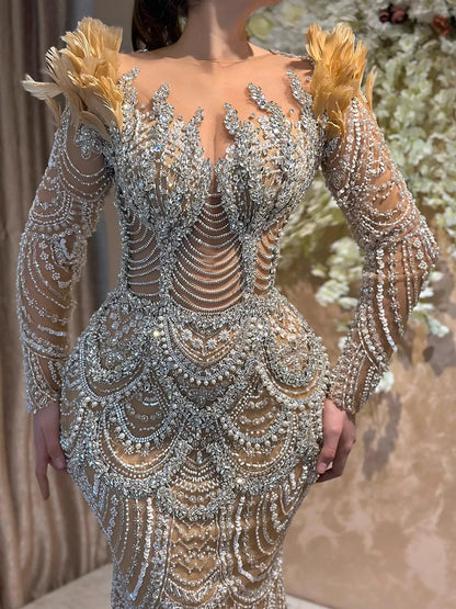 Luxury Nude Beaded Feather Long Sleeve Mermaid Evening Dress LA73348