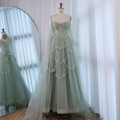Luxury Arabic Sage Green Beaded A-Line Evening Dress with Cape LA72605A