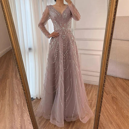 Luxury Pink Beaded A-Line Evening Dress 2025 with V Neck & Long Sleeves LA73114