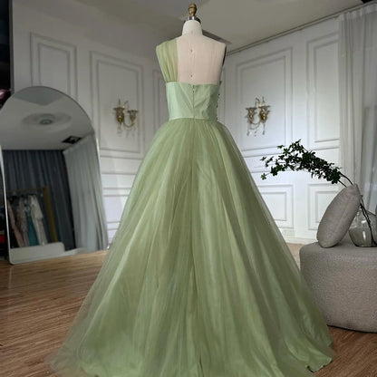 Luxury Dubai  Sage Green Elegant One-Shoulder A-Line Appliques Long Arabic Evening Gown for Formal Occasion LA72783