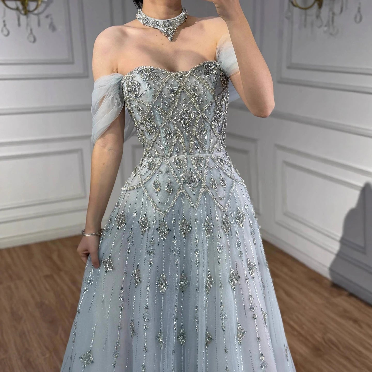 Luxury Gray Blue A-Line Dreamy Beaded Evening Dress With Necklace LA73397