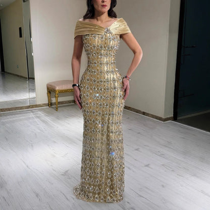 Luxury Gold Arabic Ruffles Evening Dress LA73362