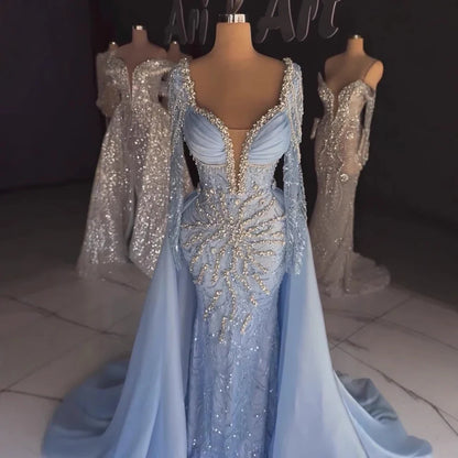 Luxury  Muslin Blue hijab Evening Dress With Long Sleeves LA72963