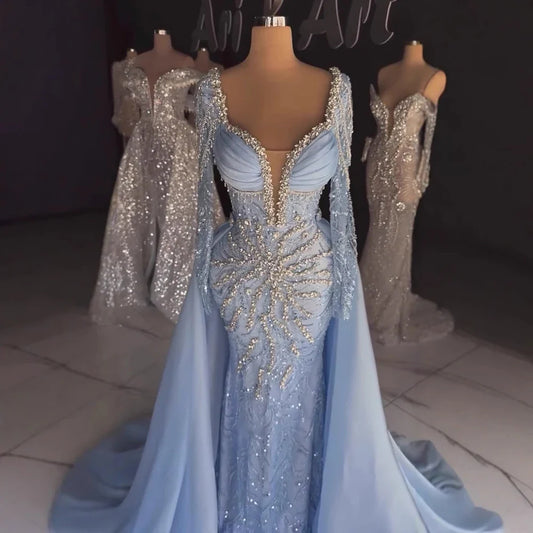 Luxury  Muslin Blue hijab Evening Dress With Long Sleeves LA72963