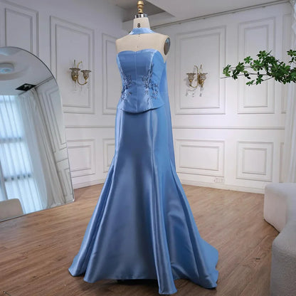 Luxury Blue Satin Mermaid Evening Dress with Long Scarf LA72831