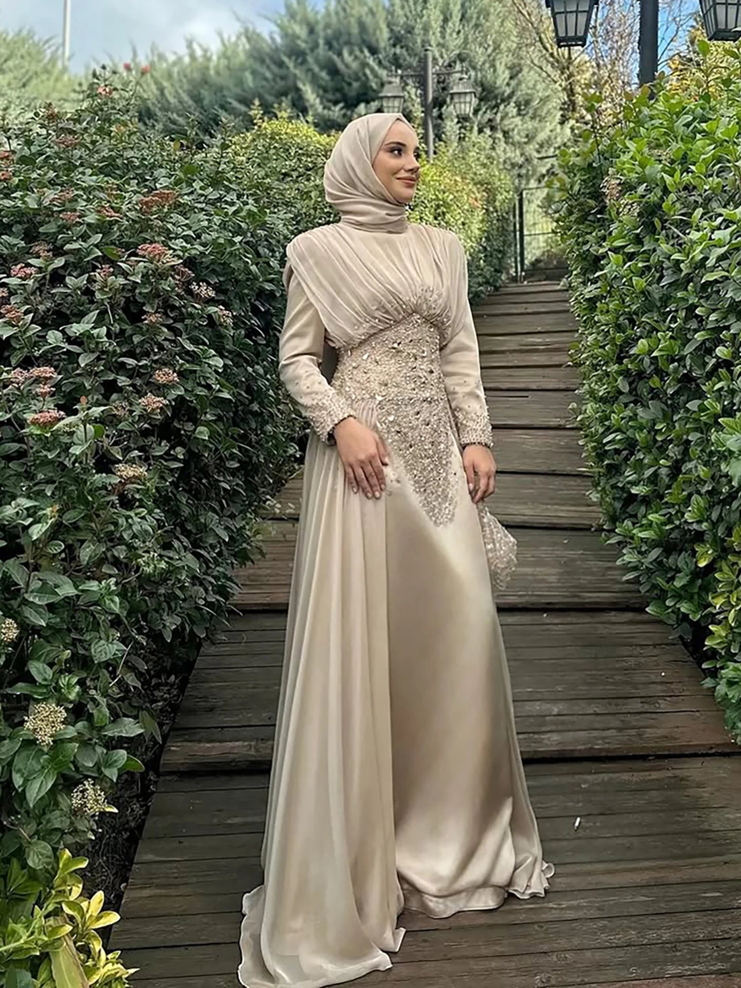 Luxury Caramel Crystal Beaded Mermaid Muslim Evening Dress LA73427