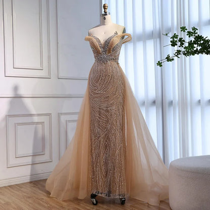Luxury Nude Mermaid Off Shoulder Beaded Evening Dress with Overskirt LA73131