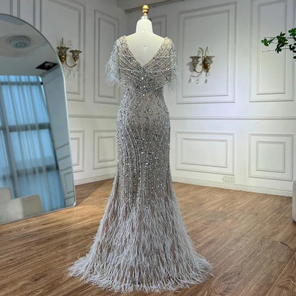 Luxury White Nude Beaded Feather Mermaid Evening DressLA72837