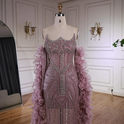 Luxury Caramel Beaded Evening Dress with Feather Sleeves LA73055