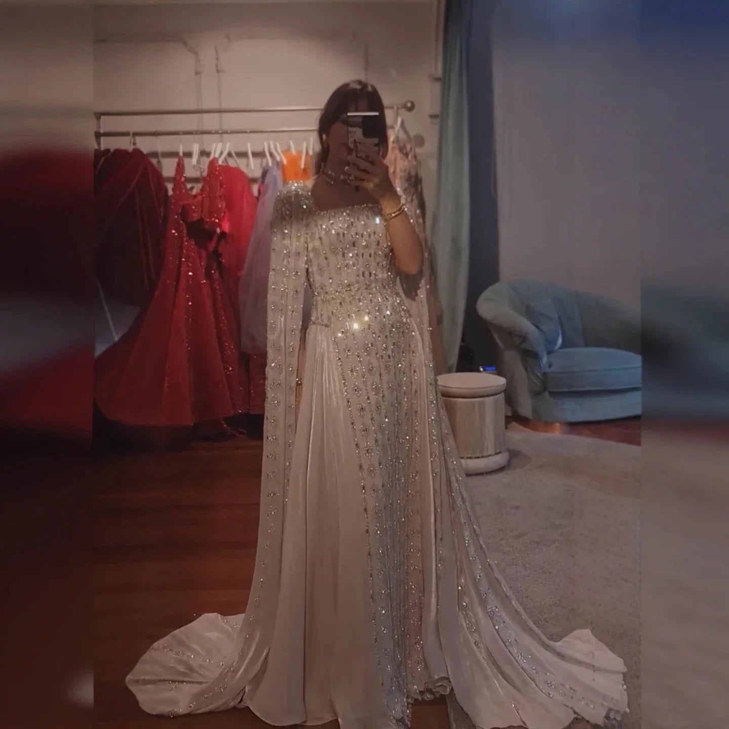 Luxury Silver Dubai Crystal Evening Dress with Cape LA73272