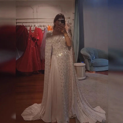 Luxury Silver Dubai Crystal Evening Dress with Cape LA73272