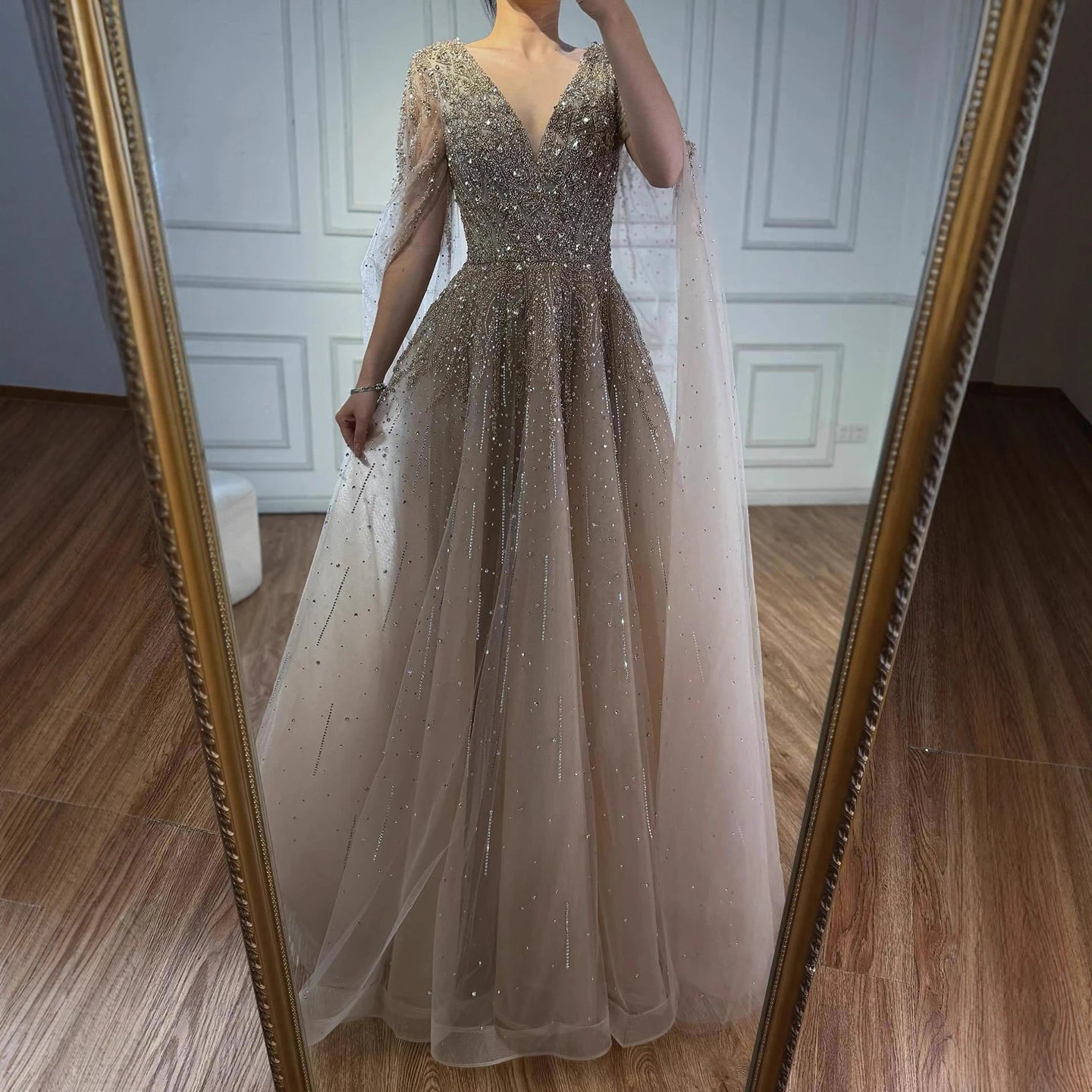 Luxury Caramel Dubai Evening Dress with Cape LA73269