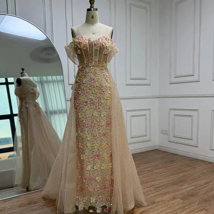 Luxury Dubai   Nude Floral Beaded Off Shoulder Corset Evening Gown With Overskirt for Formal Occasion LA72861