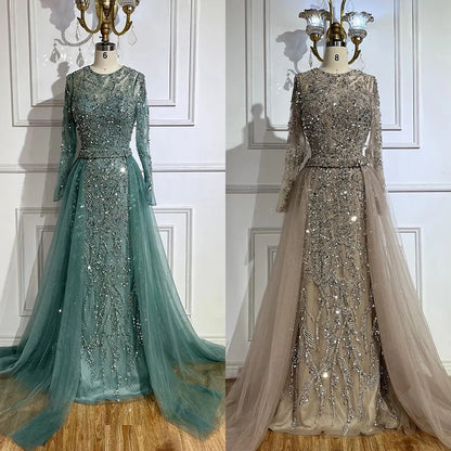 Luxury Dubai Turquoise Beaded Evening Dress with Tulle LA72601